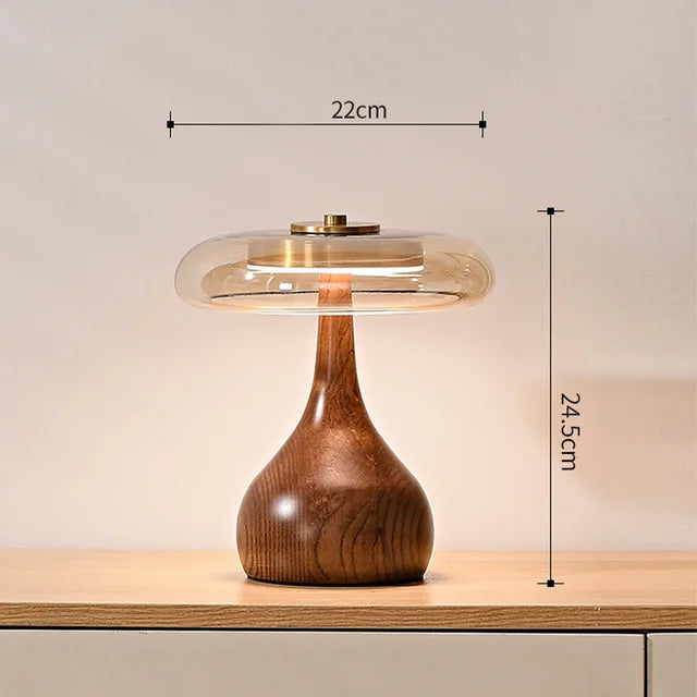 Mushen - Dimmbare Schreibtischlampe LED im Pilzdesign aus Holz und Glas
