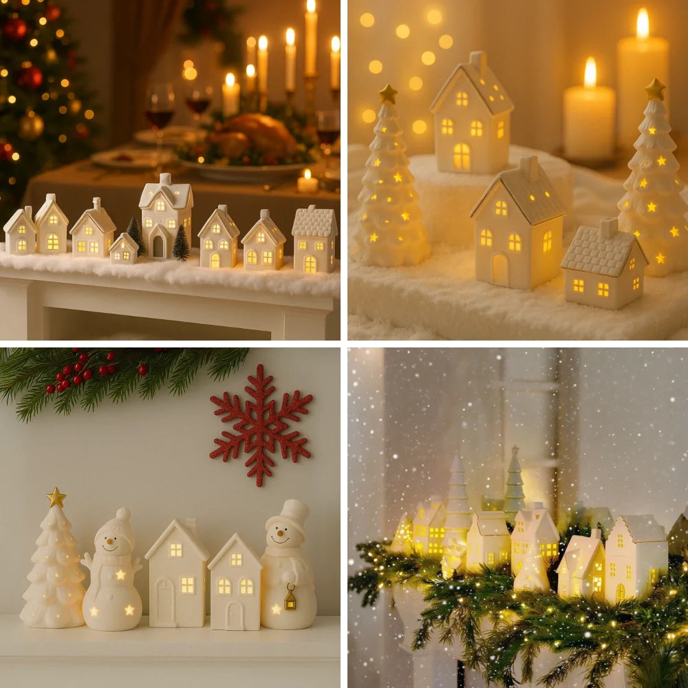 Keramikdorf mit Sanftem Licht – Elegante Dekoration aus Weißer Keramik für Gemütliche Atmosphäre