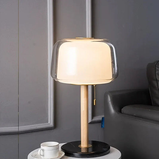 NordGlow - Nordic bedside lamp made of wood and clear glass