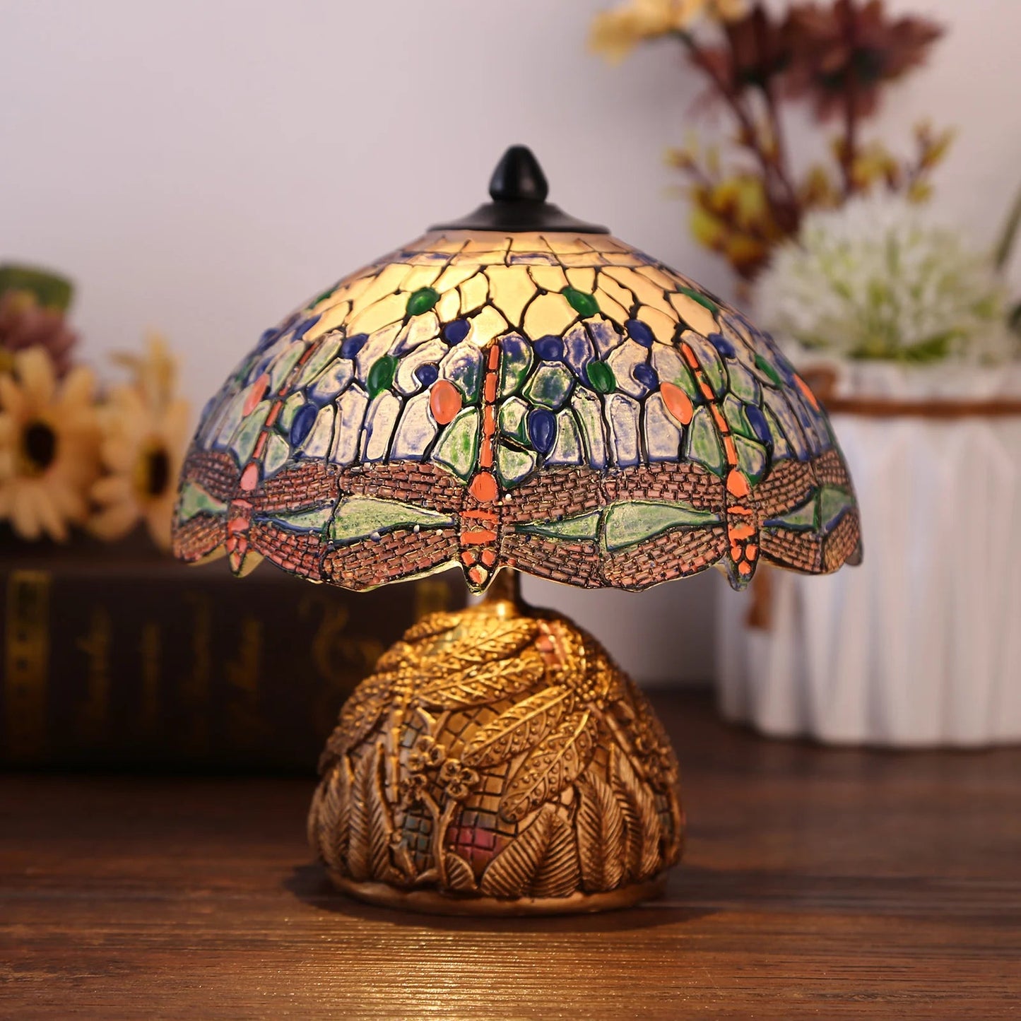 GlassLibelle - Vintage table lamp with glass painting and antique metal frame