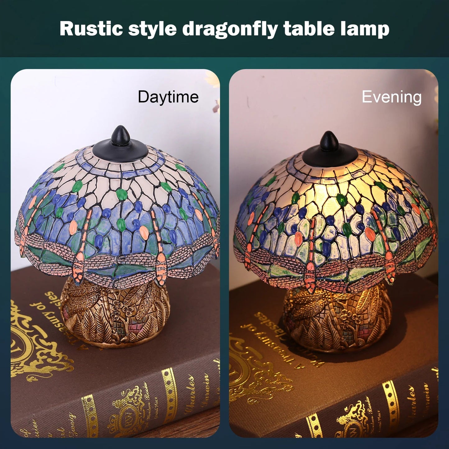 GlassLibelle - Vintage table lamp with glass painting and antique metal frame
