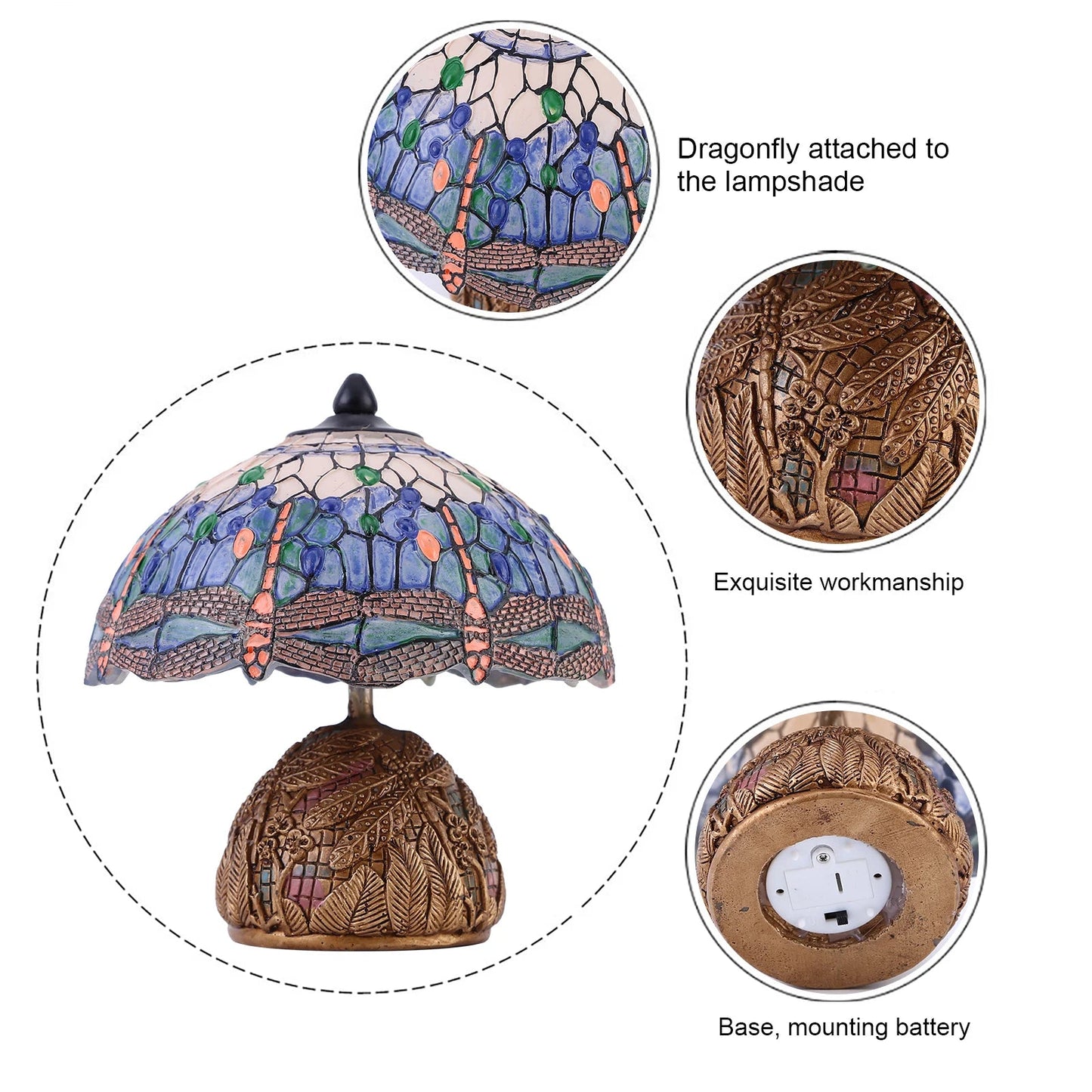 GlassLibelle - Vintage table lamp with glass painting and antique metal frame